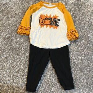 NWOT girls fall Love Pumpkin ruffle sleeve top and black leggings 12/18 mo